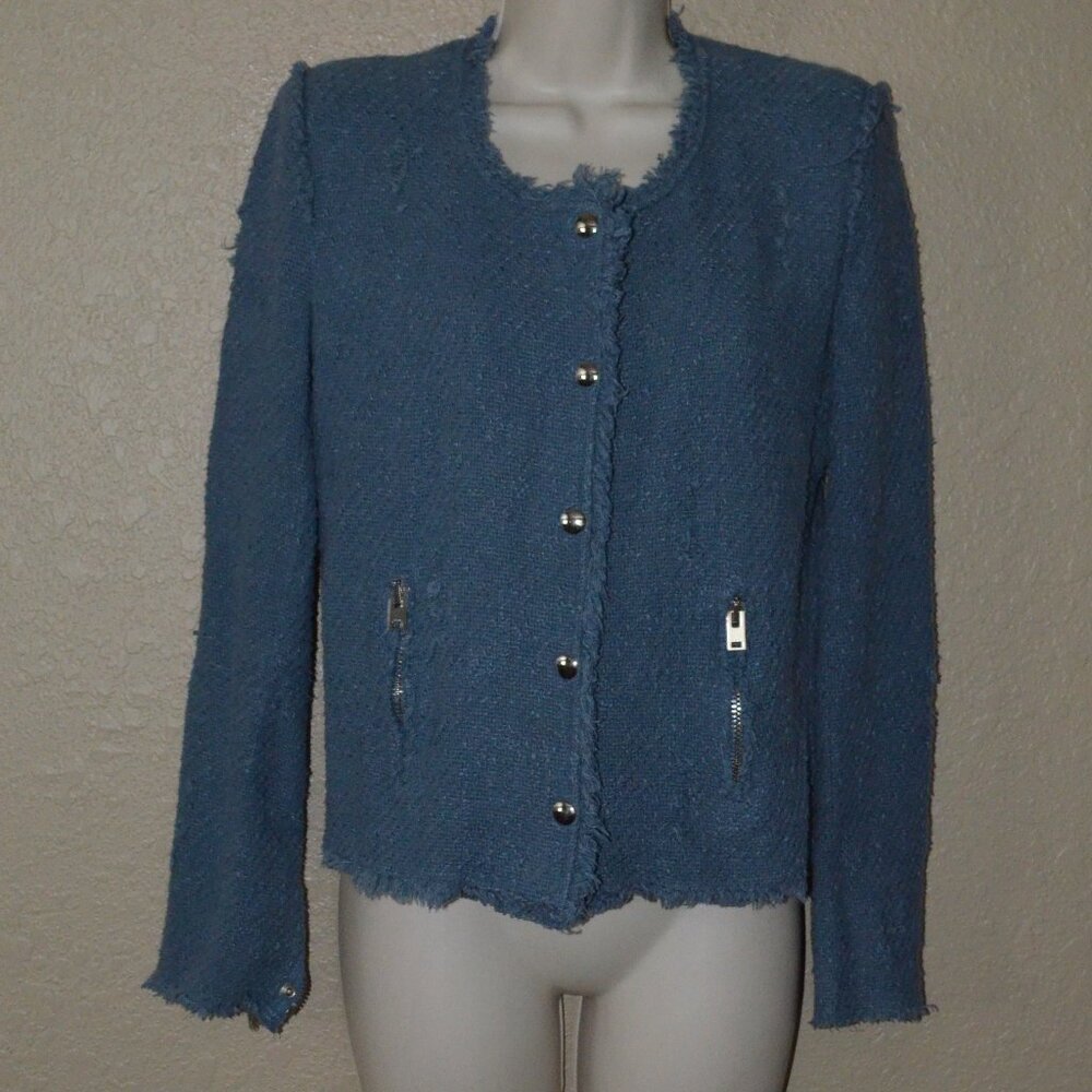 Sz 38 4 IRO Blue Agnette Distressed Tweed Blazer Jacket - Picture 2 of 9